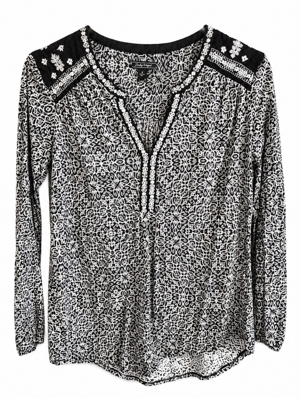 Lucky Brand Women's Shirt Top Blouse Black and White Embroidered V-neck Size S